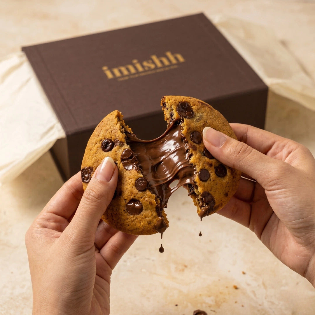 Chocolate chip cookie with nutella filling held by hands, imishh brand visible in the background
